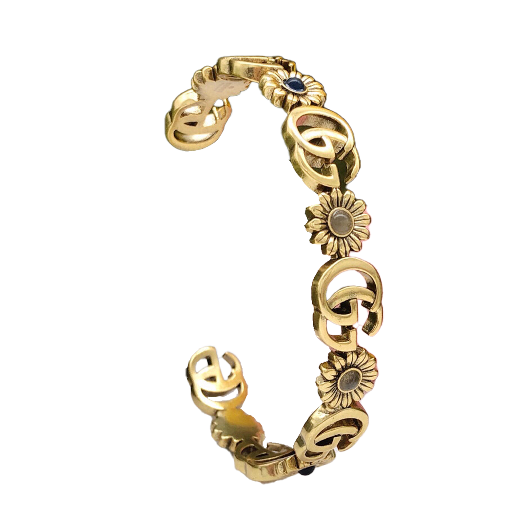18K Double Gucci Flowers Open Cuff Bracelet
